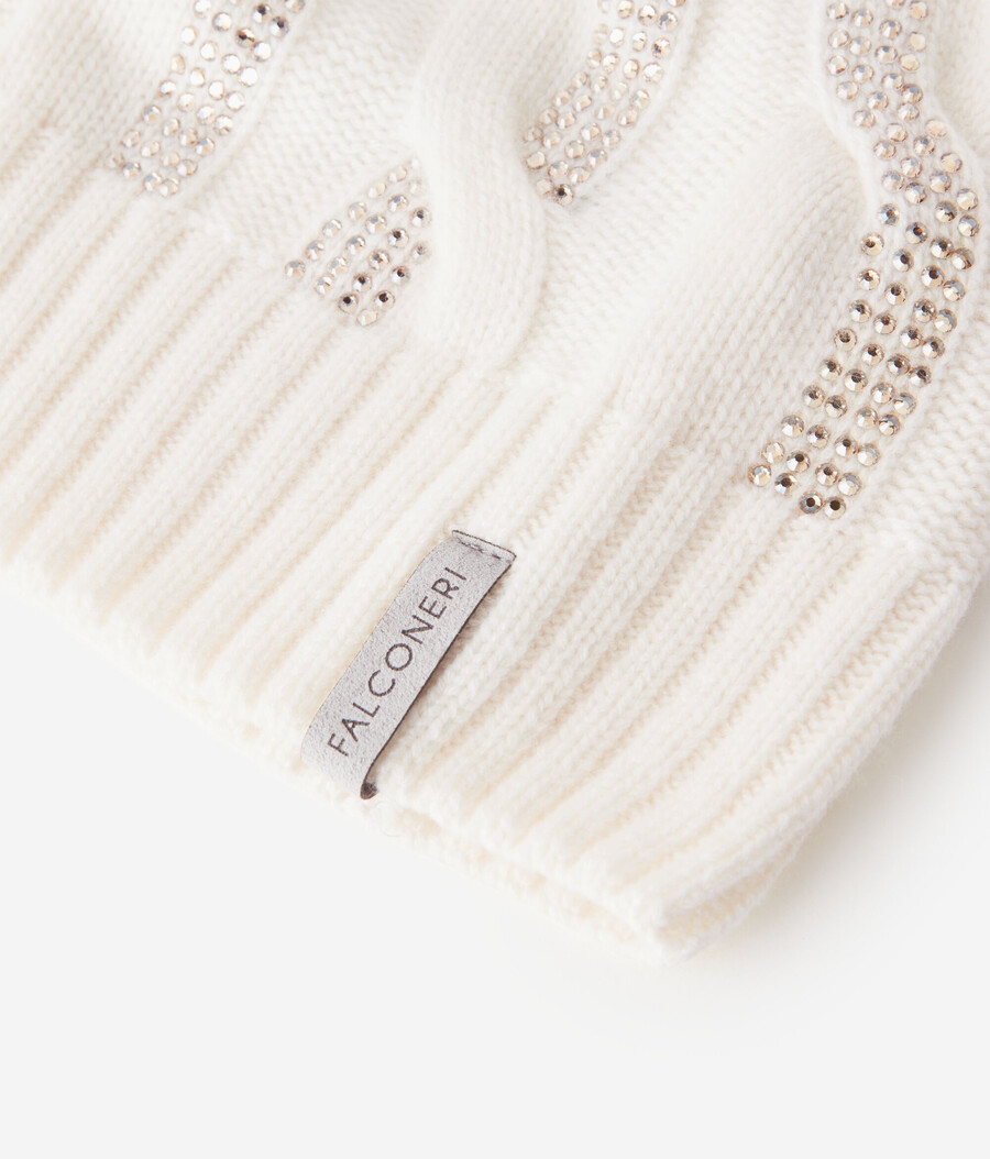 gorro de cachemira ultrasuave con punto trenzado y pedrería