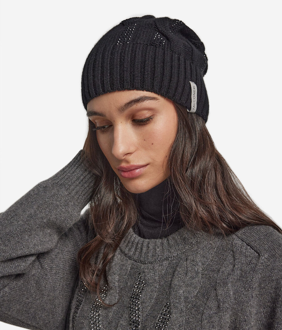 gorro de cachemira ultrasuave con punto trenzado y pedrería