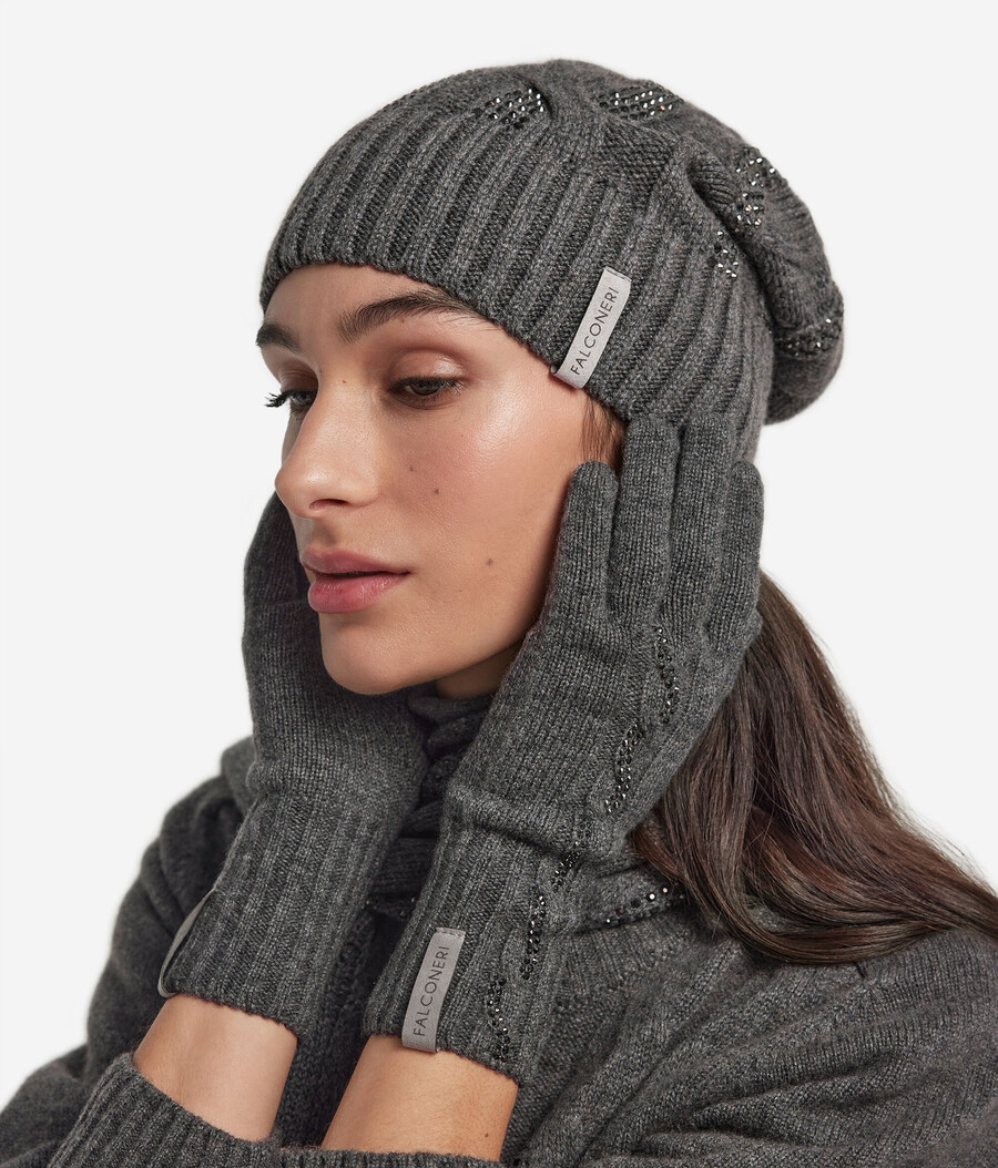 gorro de cachemira ultrasuave con punto trenzado y pedrería