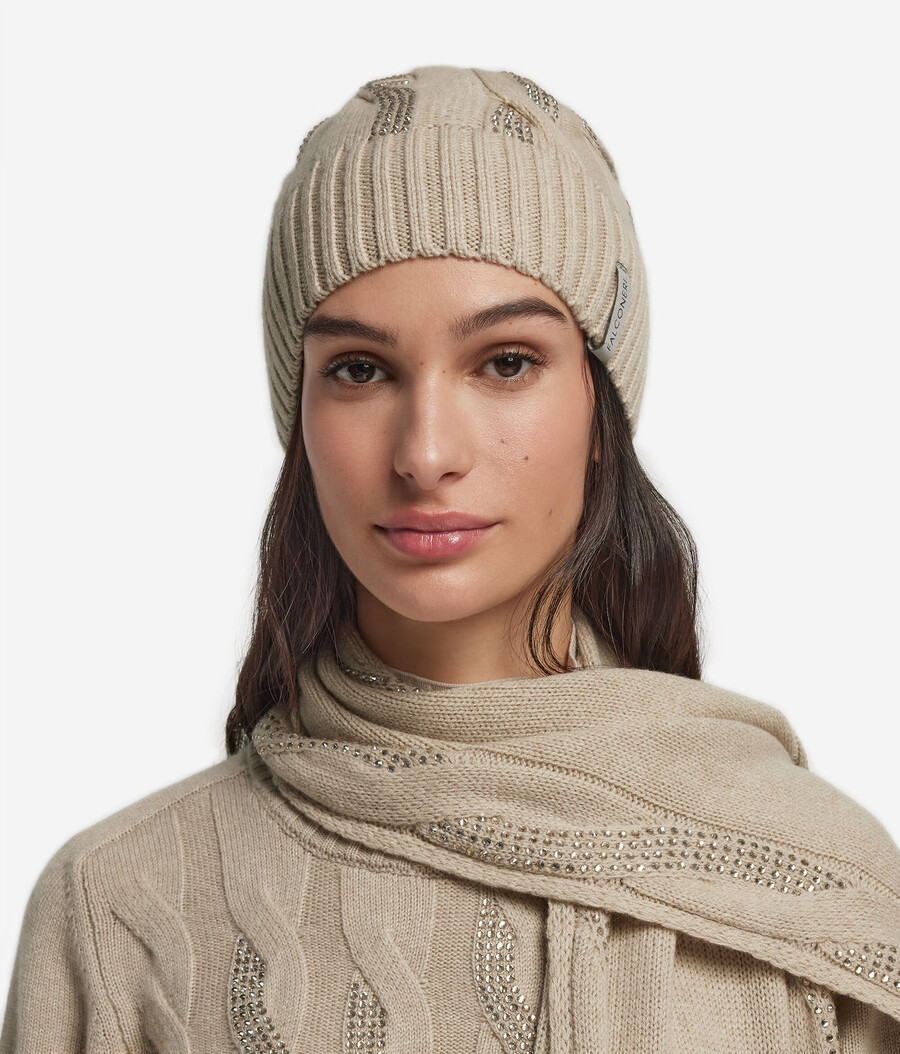 gorro de cachemira ultrasuave con punto trenzado y pedrería