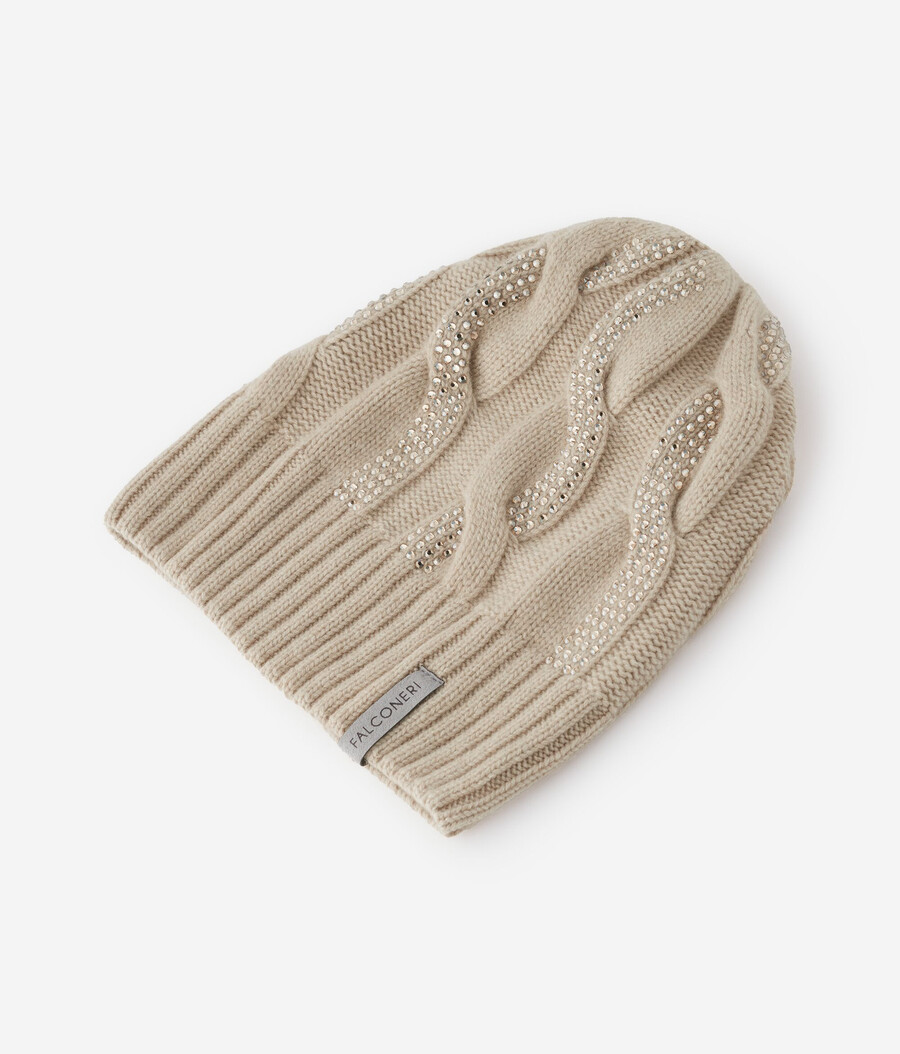 gorro de cachemira ultrasuave con punto trenzado y pedrería