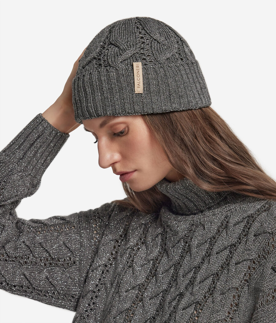 gorro de punto trenzado de lana lamé