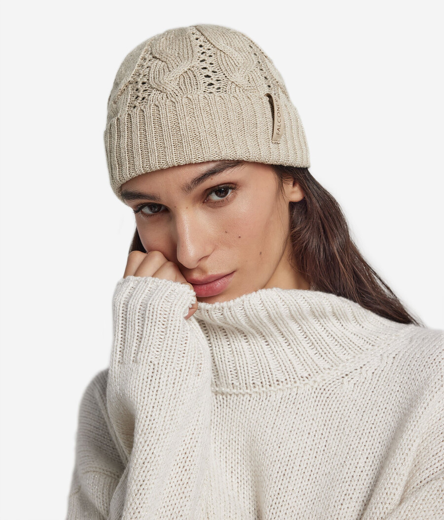 gorro de punto trenzado de lana lamé