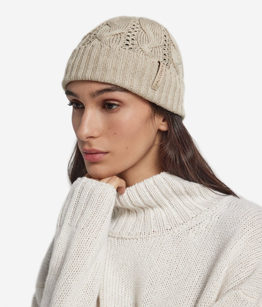 gorro de punto trenzado de lana lamé
