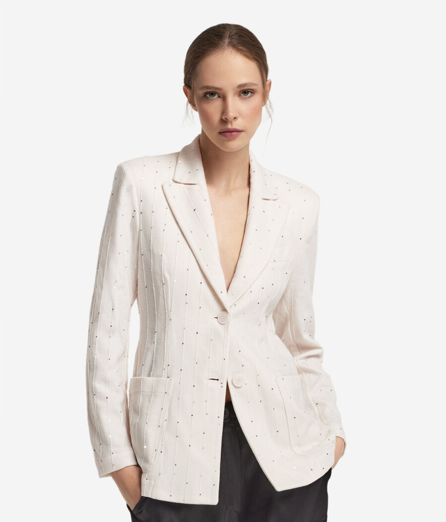 chaqueta de lana de raya diplomática con lentejuelas