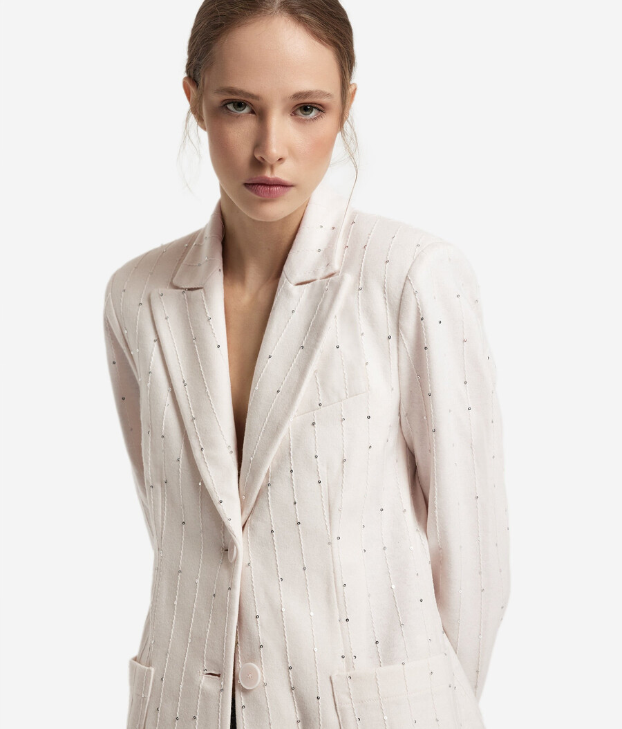 chaqueta de lana de raya diplomática con lentejuelas