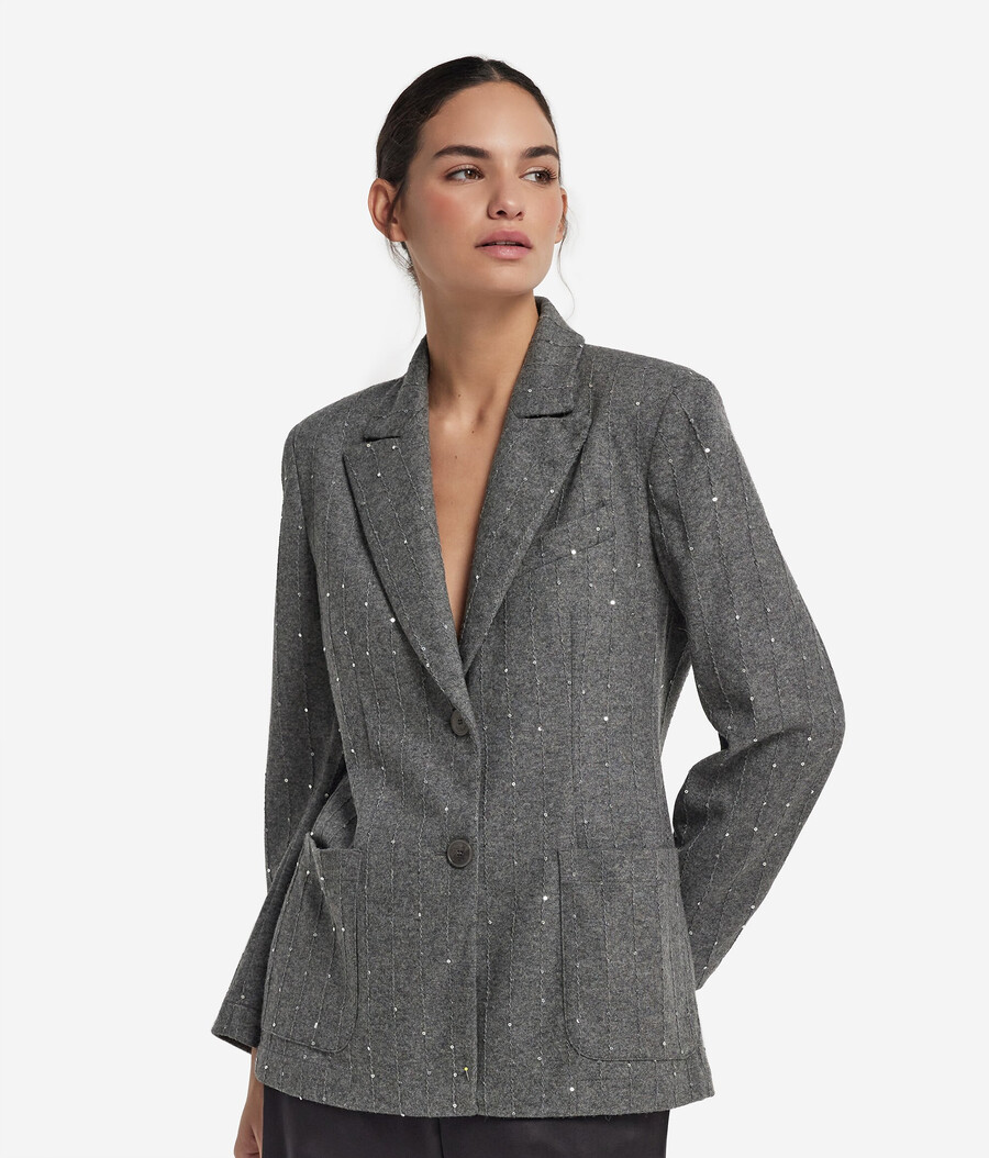 chaqueta de lana de raya diplomática con lentejuelas