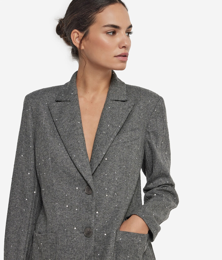 chaqueta de lana de raya diplomática con lentejuelas