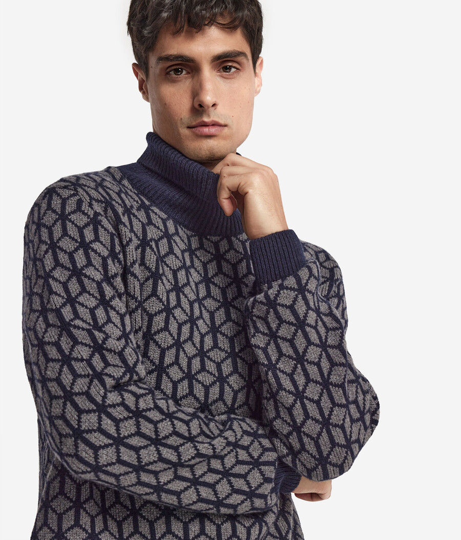 jersey de cuello alto de cachemira jacquard con motivo óptico