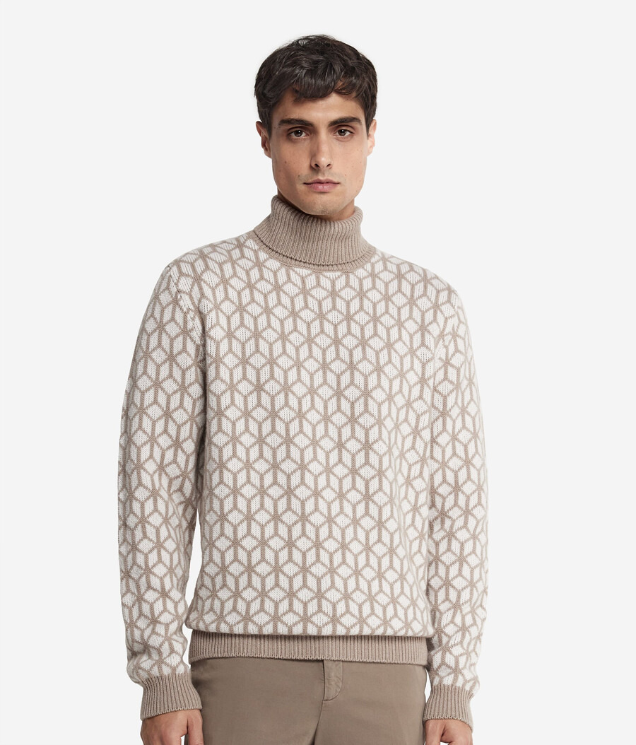 jersey de cuello alto de cachemira jacquard con motivo óptico