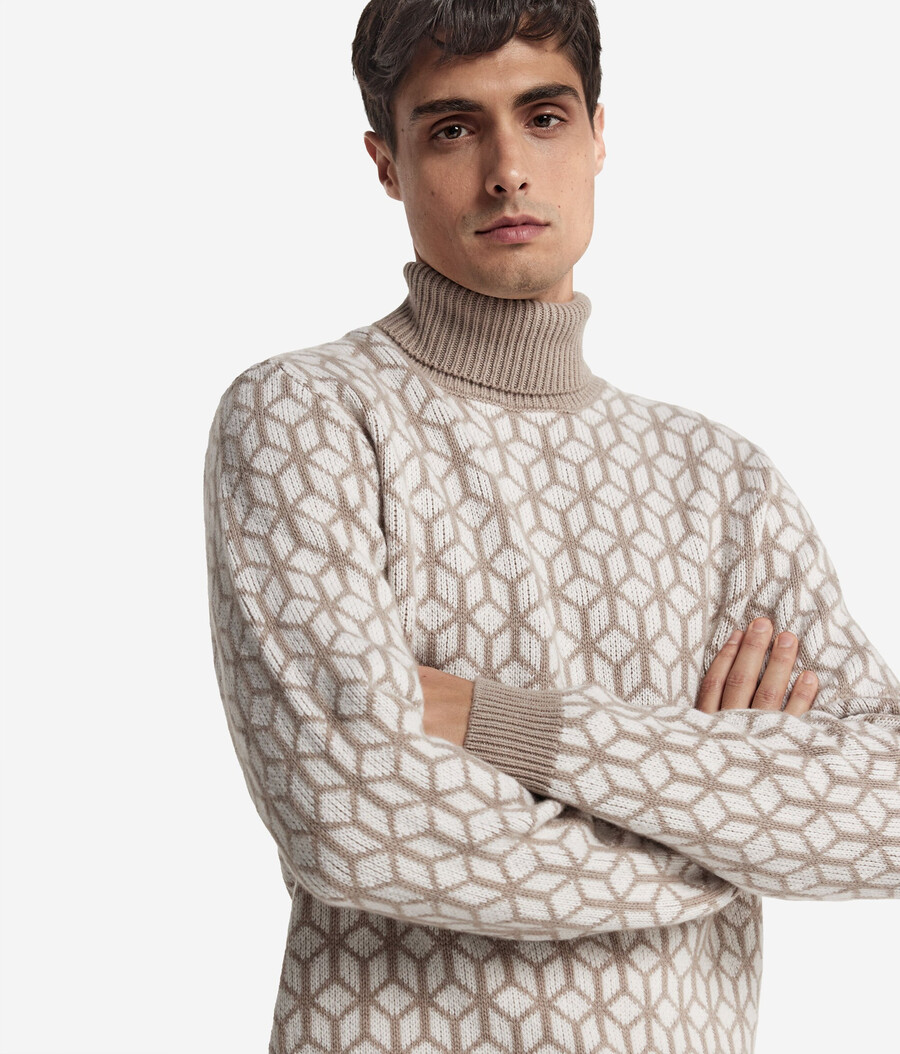 jersey de cuello alto de cachemira jacquard con motivo óptico
