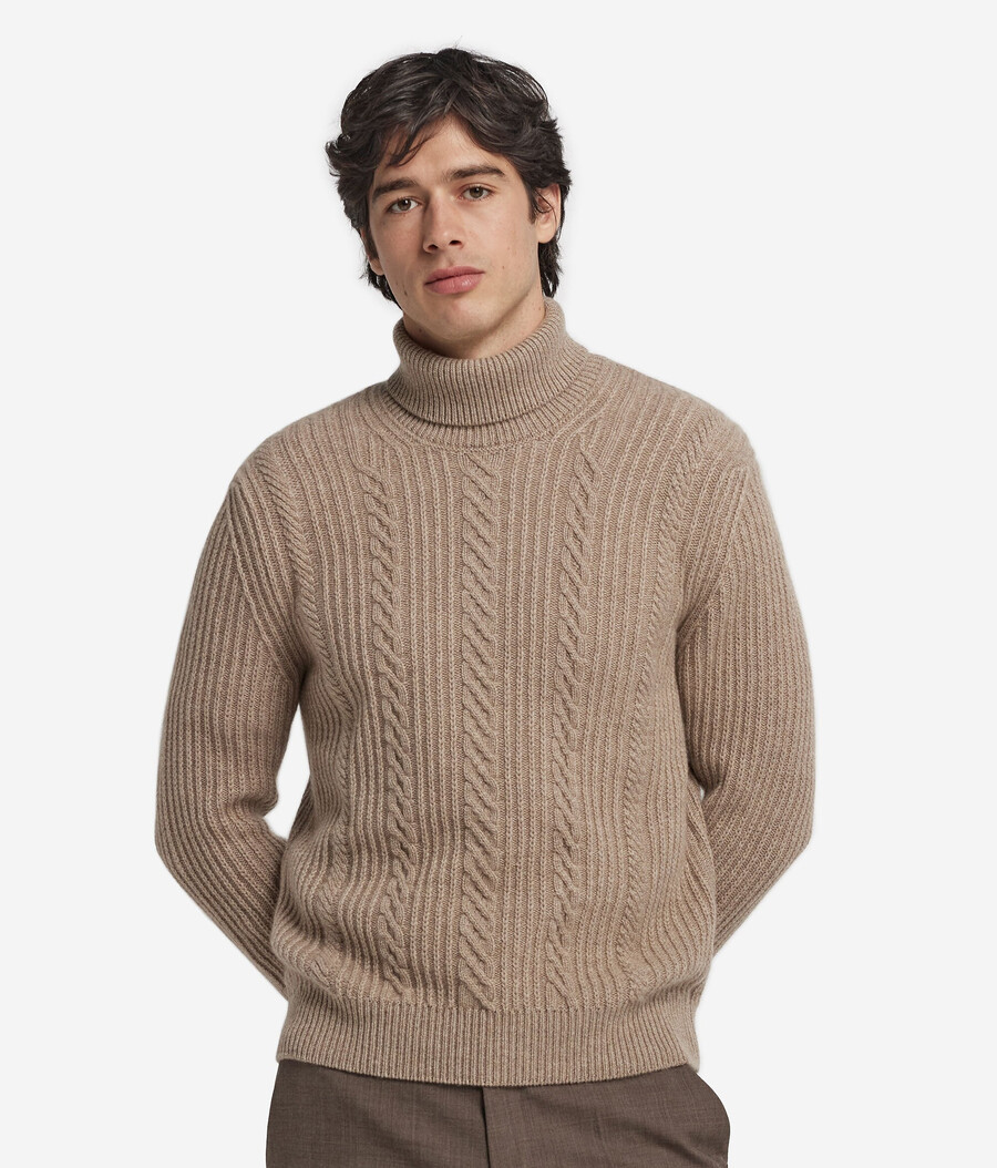 jersey de cuello alto de cachemira ultrasuave sin teñir con puntada de cable