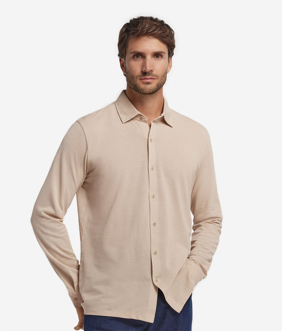 camisa de manga larga en piqué de algodón y seda