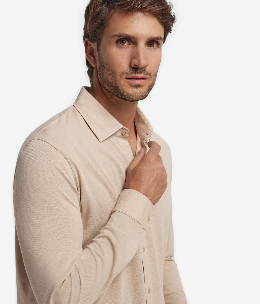 camisa de manga larga en piqué de algodón y seda