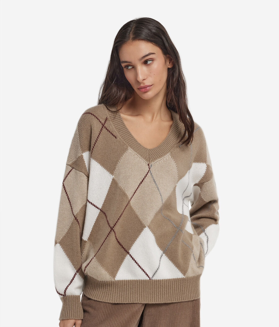 suéter de cachemira ultrasuave con cuello en v y estampado de rombos