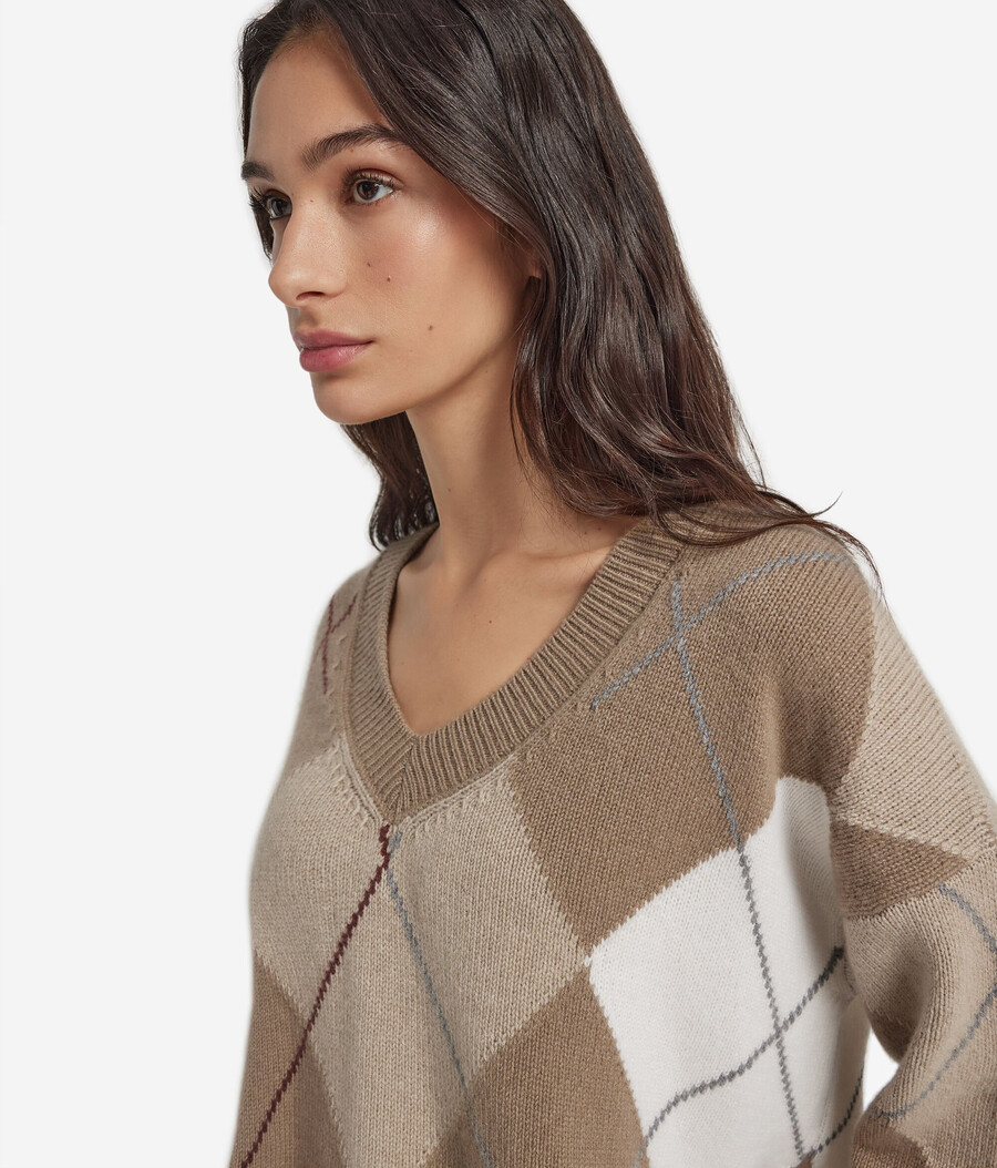 suéter de cachemira ultrasuave con cuello en v y estampado de rombos