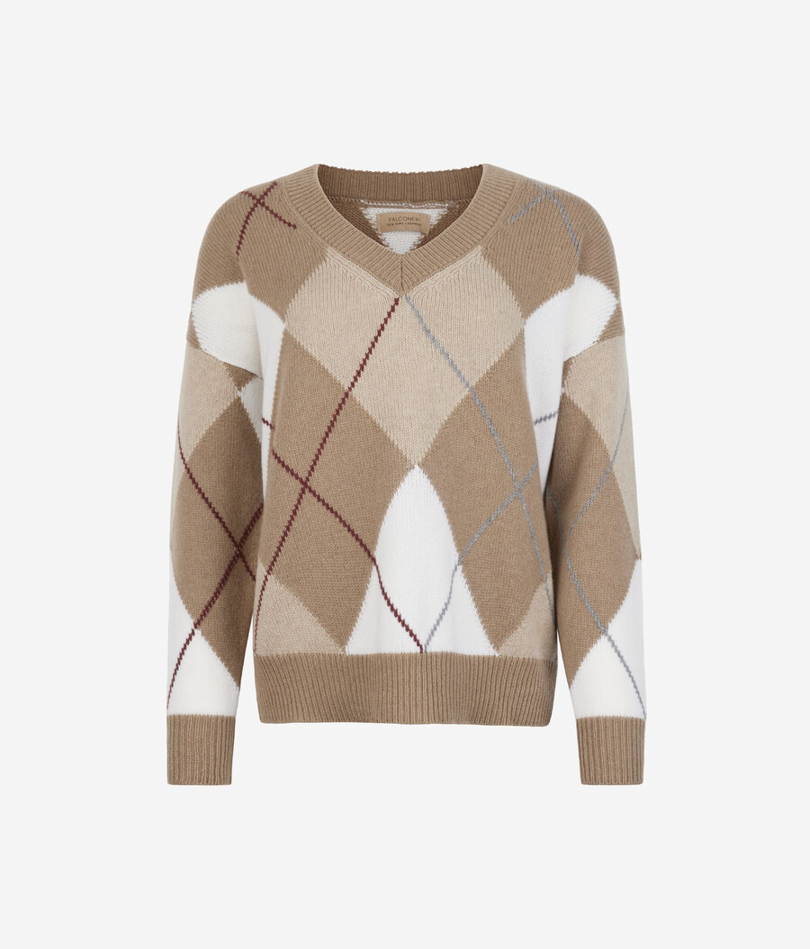 suéter de cachemira ultrasuave con cuello en v y estampado de rombos