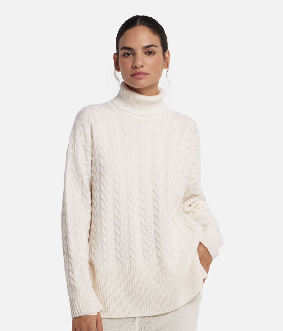 jersey de cuello alto con punto de cable de cachemira ultrasuave