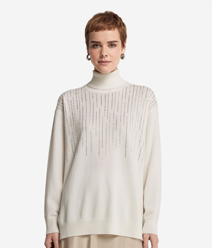 jersey de cuello alto de cachemira con pedrería