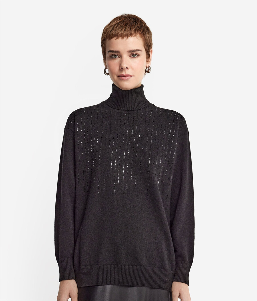 jersey de cuello alto de cachemira con pedrería