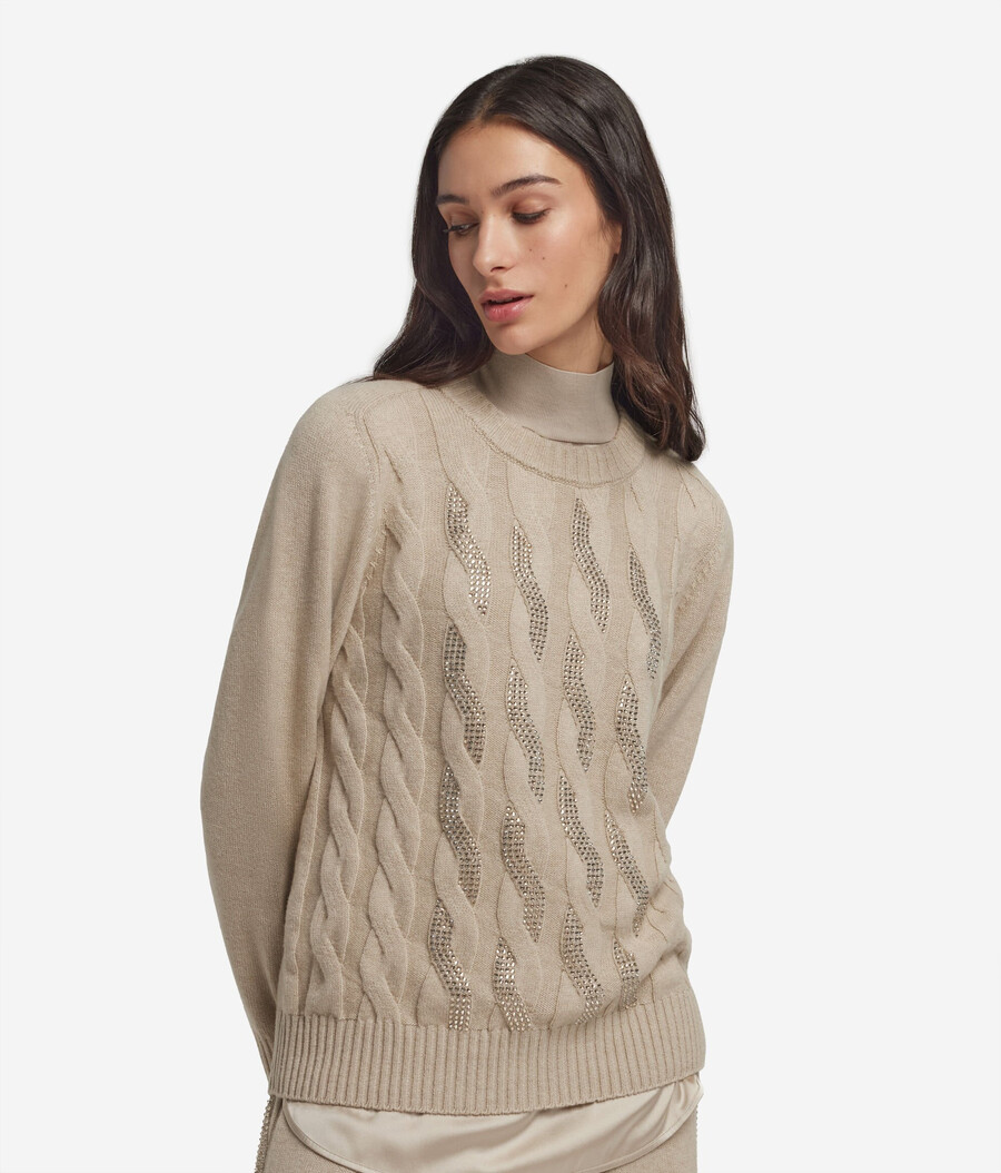 jersey de cachemira ultrasuave con cuello redondo punto trenzado y pedrería