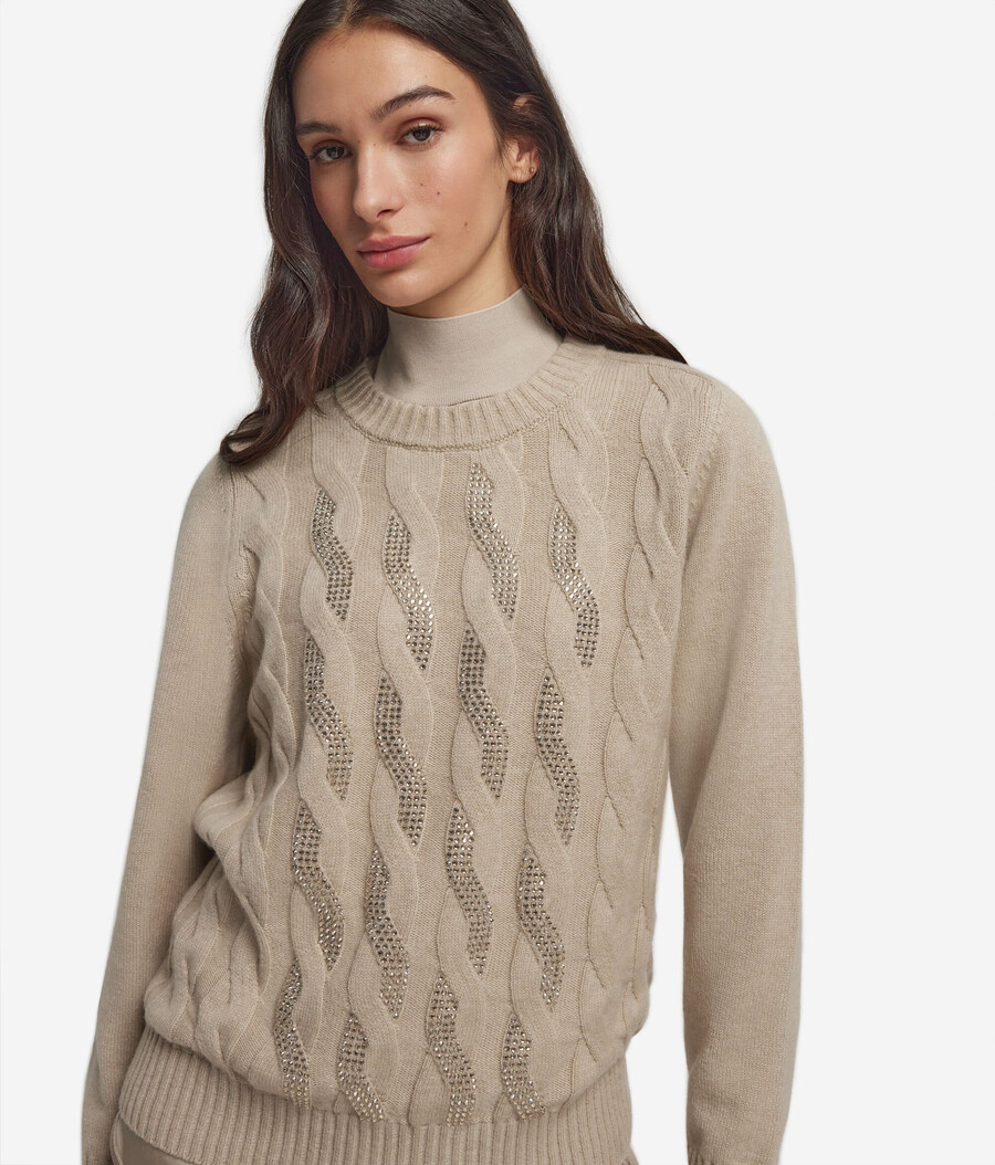 jersey de cachemira ultrasuave con cuello redondo punto trenzado y pedrería