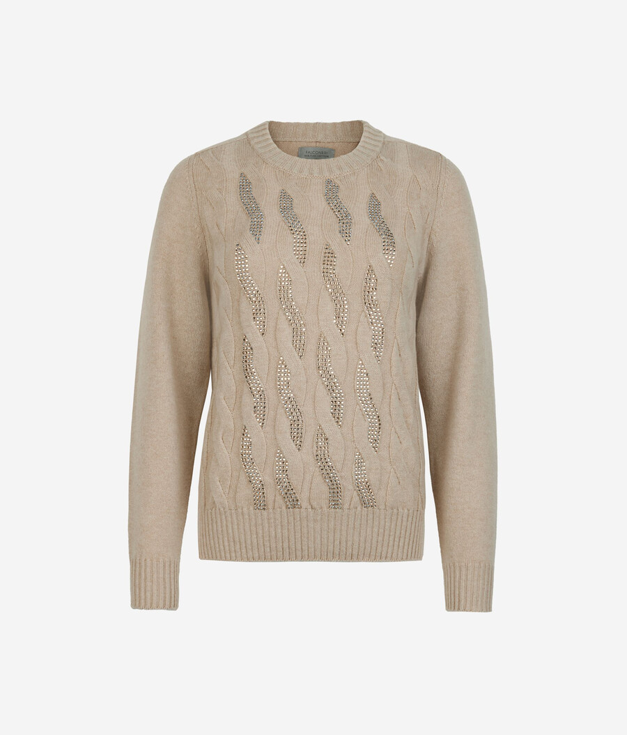 jersey de cachemira ultrasuave con cuello redondo punto trenzado y pedrería