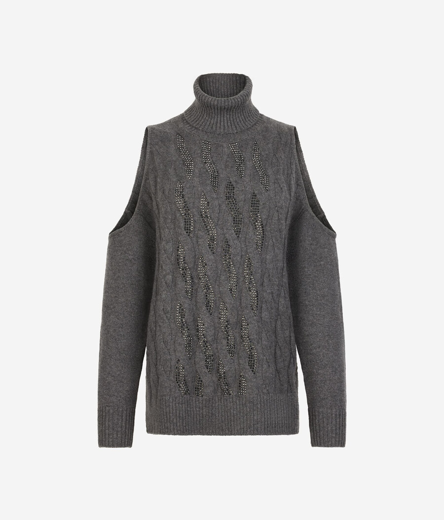 top de cachemira ultrasuave con aberturas punto trenzado y pedrería