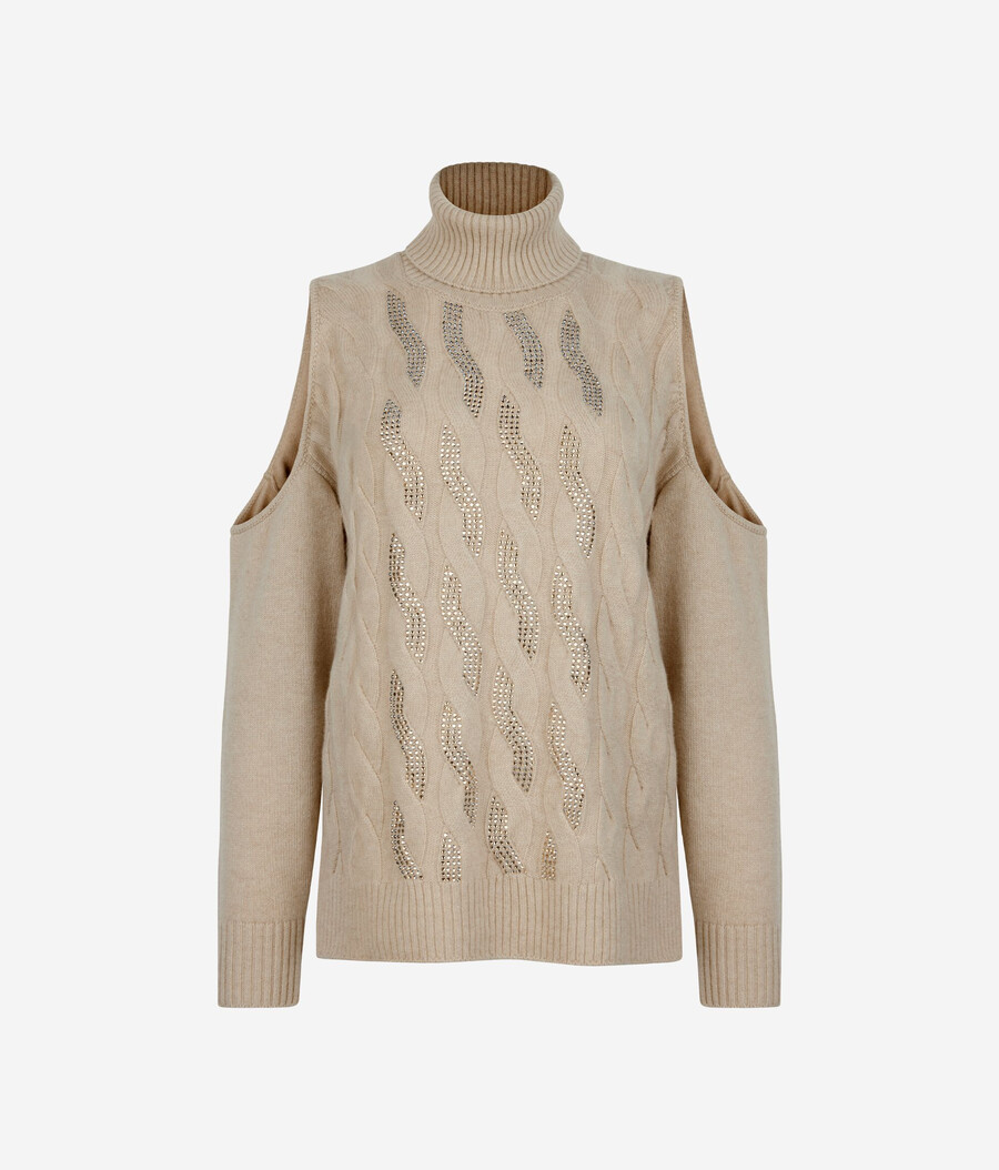 top de cachemira ultrasuave con aberturas punto trenzado y pedrería