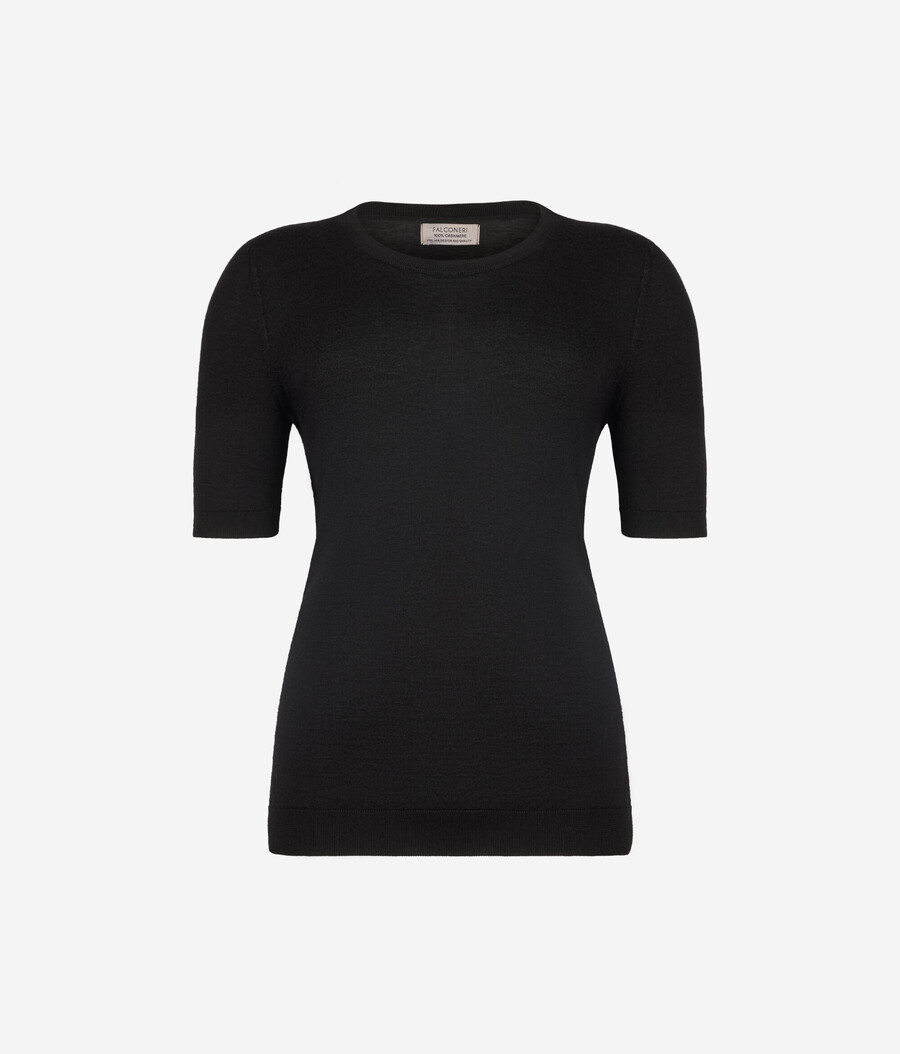 top de cachemira ultrafina con cuello redondo y manga corta