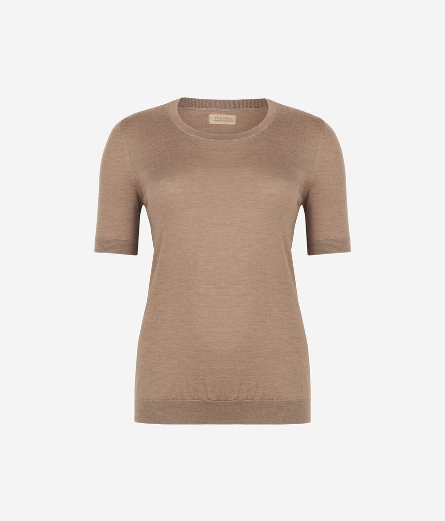 top de cachemira ultrafina con cuello redondo y manga corta