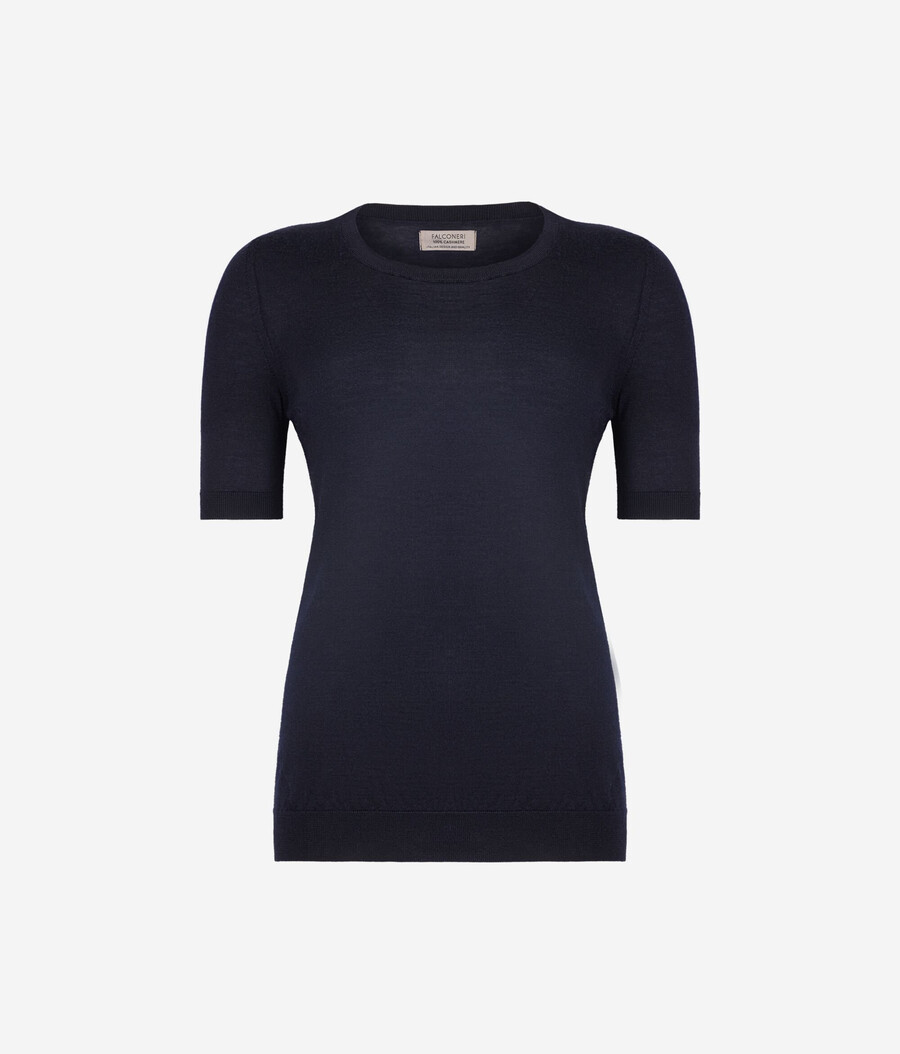 top de cachemira ultrafina con cuello redondo y manga corta