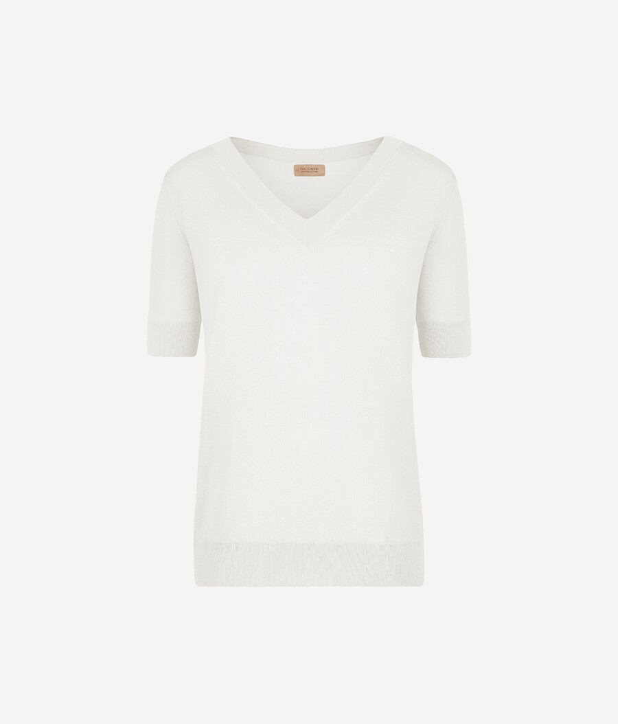 jersey de seda y algodón con cuello en v y manga corta