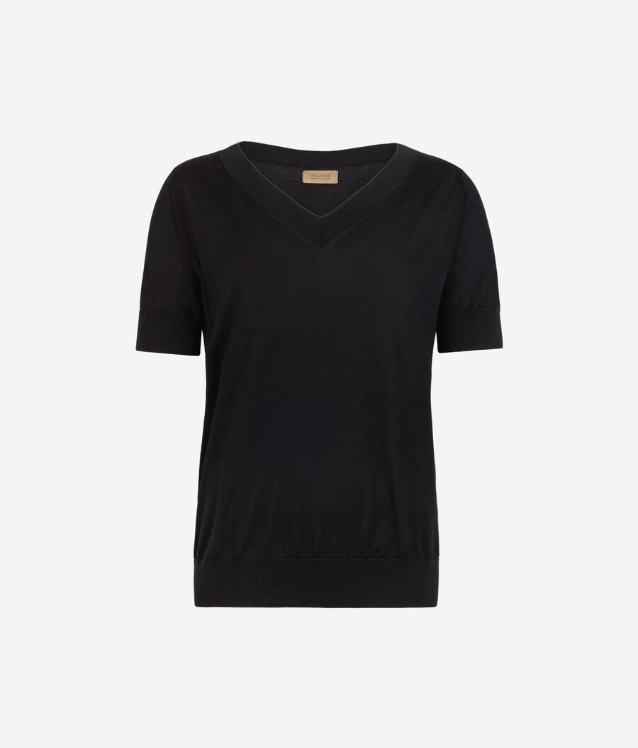 jersey de seda y algodón con cuello en v y manga corta