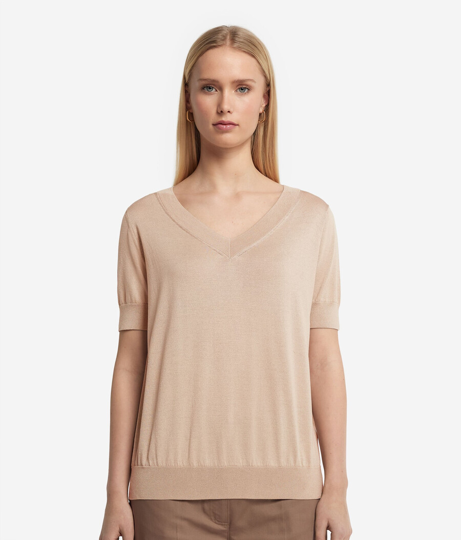 jersey de seda y algodón con cuello en v y manga corta