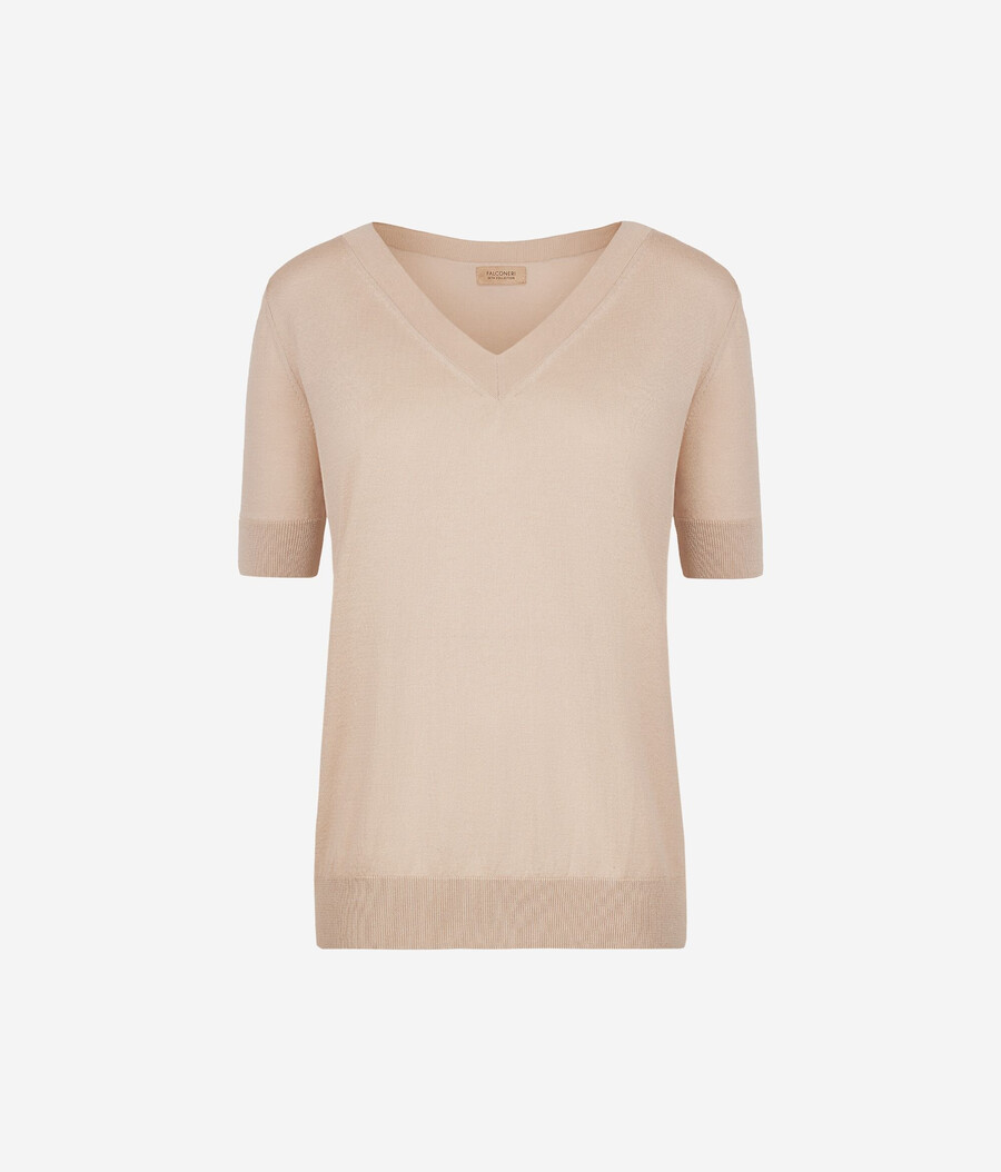 jersey de seda y algodón con cuello en v y manga corta